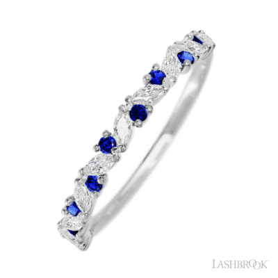 10K White Gold band with alternating 9 Round Sapphire and 8 Marquise Lab Grown Diamond having TCW-.38