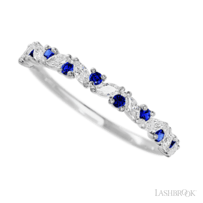 10K White Gold band with alternating 9 Round Sapphire and 8 Marquise Lab Grown Diamond having TCW-.38