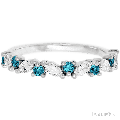 10K White Gold band with alternating 7 Round Ocean Blue Diamond and 6 Marquise Lab Grown Diamond having TCW-.81