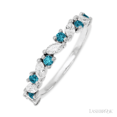 10K White Gold band with alternating 7 Round Ocean Blue Diamond and 6 Marquise Lab Grown Diamond having TCW-.81