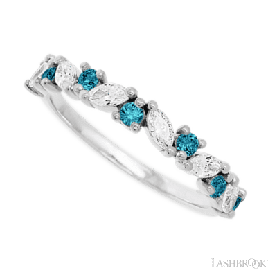 10K White Gold band with alternating 7 Round Ocean Blue Diamond and 6 Marquise Lab Grown Diamond having TCW-.81