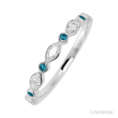 10K White Gold band with alternating 4 Round Ocean Blue Diamond and 5 Marquise Lab Grown Diamond having TCW-.56