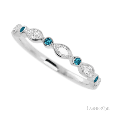 10K White Gold band with alternating 4 Round Ocean Blue Diamond and 5 Marquise Lab Grown Diamond having TCW-.56