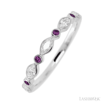10K White Gold band with alternating 4 Round Purple Diamond and 5 Marquise Lab Grown Diamond having TCW-.56