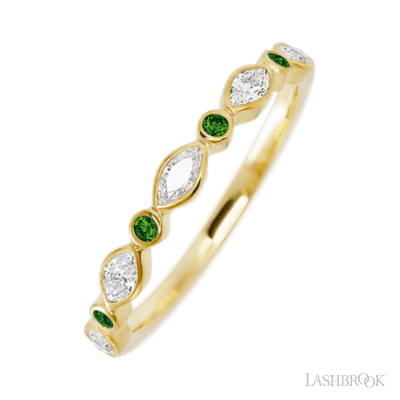 10K Yellow Gold band with alternating 4 Round Green Diamond and 5 Marquise Lab Grown Diamond having TCW-.56