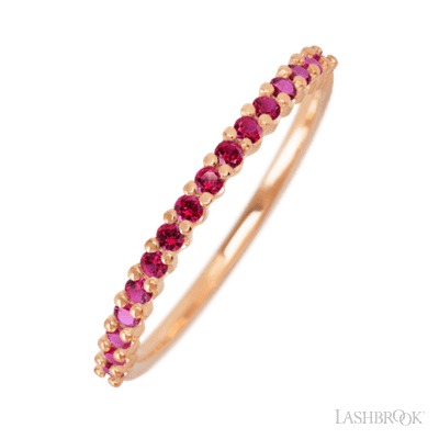 14K Rose Gold band with 18 Round Ruby having TCW-.27