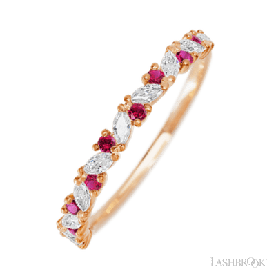 14K Rose Gold band with alternating 9 Round Ruby and 8 Marquise Lab Grown Diamond having TCW-.38
