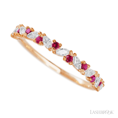 14K Rose Gold band with alternating 9 Round Ruby and 8 Marquise Lab Grown Diamond having TCW-.38