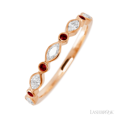 14K Rose Gold band with alternating 4 Round Dark Ruby and 5 Marquise Lab Grown Diamond having TCW-.56