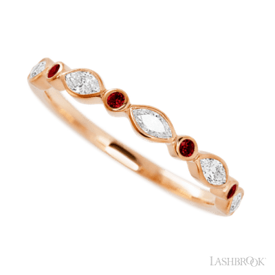 14K Rose Gold band with alternating 4 Round Dark Ruby and 5 Marquise Lab Grown Diamond having TCW-.56