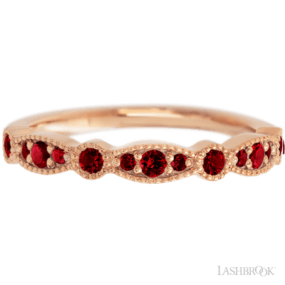 14K Rose Gold band with 7 Round and 6 Round Dark Ruby having TCW-.27