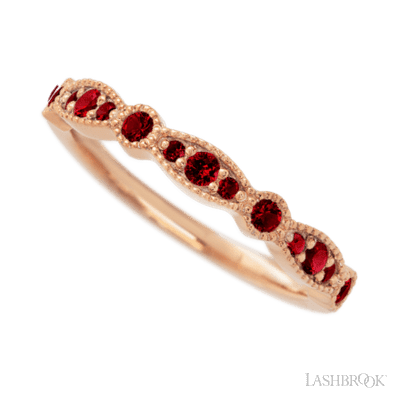 14K Rose Gold band with 7 Round and 6 Round Dark Ruby having TCW-.27