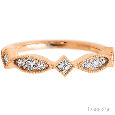 14K Rose Gold band with 2 Round, 4 Round and 3 Princess Lab Grown Diamond having TCW-.42