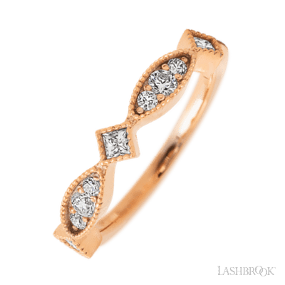 14K Rose Gold band with 2 Round, 4 Round and 3 Princess Lab Grown Diamond having TCW-.42