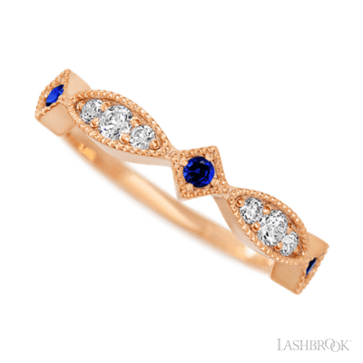 14K Rose Gold band with alternating 3 Round Sapphire, 2 Round Lab Grown Diamond and 4 Round Lab Grown Diamond having TCW-.27