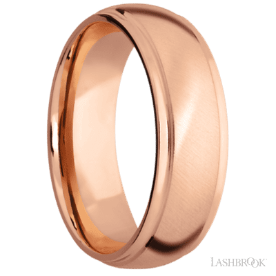 7 mm wide Domed Stepped Down Edges 14K Rose Gold band.