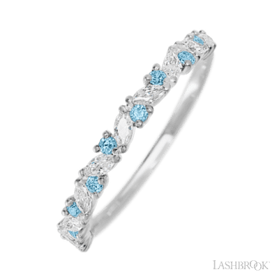 14K White Gold band with alternating 9 Round Aqua Diamond and 8 Marquise Lab Grown Diamond having TCW-.38