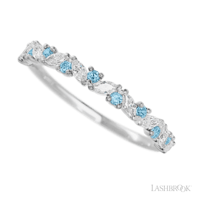 14K White Gold band with alternating 9 Round Aqua Diamond and 8 Marquise Lab Grown Diamond having TCW-.38