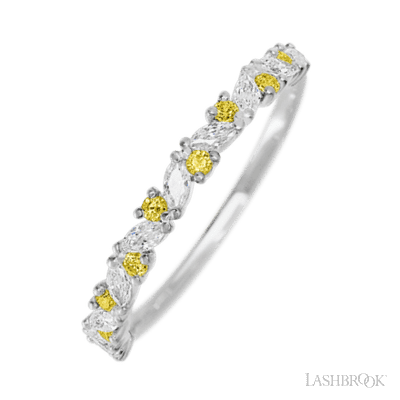 14K White Gold band with alternating 9 Round Yellow Sapphire and 8 Marquise Lab Grown Diamond having TCW-.38