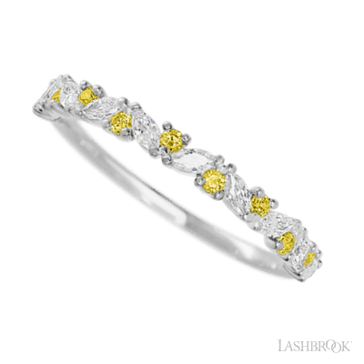 14K White Gold band with alternating 9 Round Yellow Sapphire and 8 Marquise Lab Grown Diamond having TCW-.38