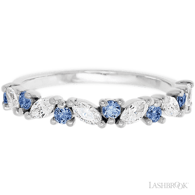 14K White Gold band with alternating 7 Round Denim Sapphire and 6 Marquise Lab Grown Diamond having TCW-.81