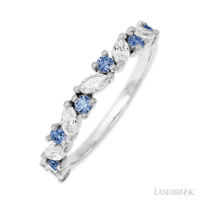 14K White Gold band with alternating 7 Round Denim Sapphire and 6 Marquise Lab Grown Diamond having TCW-.81