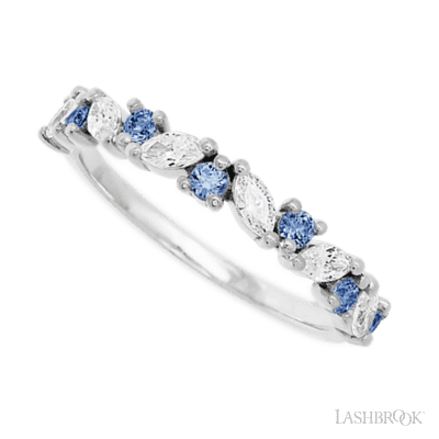 14K White Gold band with alternating 7 Round Denim Sapphire and 6 Marquise Lab Grown Diamond having TCW-.81