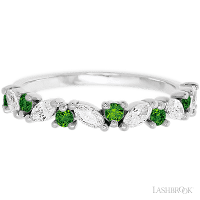 14K White Gold band with alternating 7 Round Green Diamond and 6 Marquise Lab Grown Diamond having TCW-.81