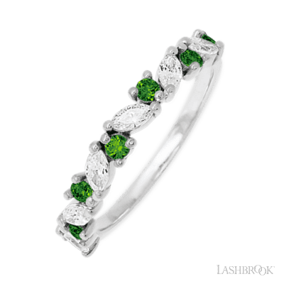 14K White Gold band with alternating 7 Round Green Diamond and 6 Marquise Lab Grown Diamond having TCW-.81