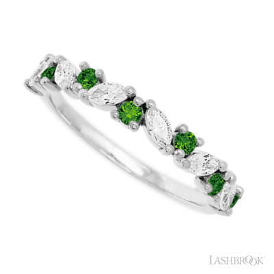 14K White Gold band with alternating 7 Round Green Diamond and 6 Marquise Lab Grown Diamond having TCW-.81