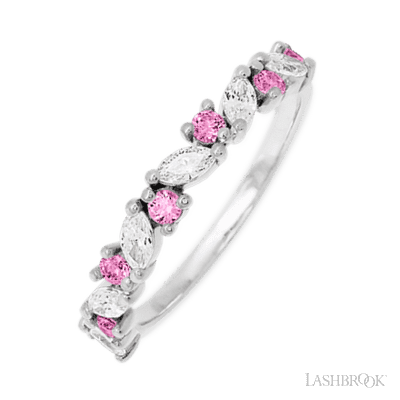 14K White Gold band with alternating 7 Round Pink Sapphire and 6 Marquise Lab Grown Diamond having TCW-.81