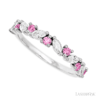14K White Gold band with alternating 7 Round Pink Sapphire and 6 Marquise Lab Grown Diamond having TCW-.81