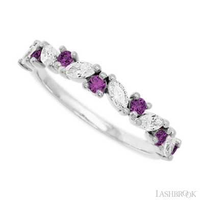 14K White Gold band with alternating 7 Round Purple Diamond and 6 Marquise Lab Grown Diamond having TCW-.81