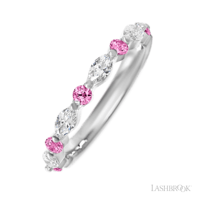 14K White Gold band with alternating 5 Round Pink Sapphire and 4 Marquise Lab Grown Diamond having TCW-.85