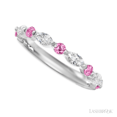 14K White Gold band with alternating 5 Round Pink Sapphire and 4 Marquise Lab Grown Diamond having TCW-.85