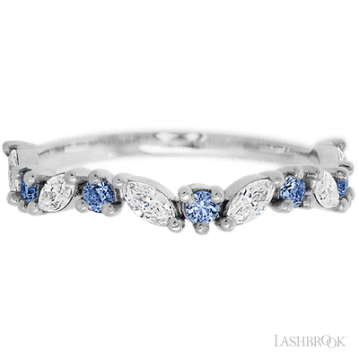 14K White Gold band with alternating 6 Round Denim Sapphire and 5 Marquise Lab Grown Diamond having TCW-.68