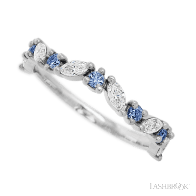 14K White Gold band with alternating 6 Round Denim Sapphire and 5 Marquise Lab Grown Diamond having TCW-.68