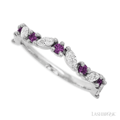 14K White Gold band with alternating 6 Round Purple Diamond and 5 Marquise Lab Grown Diamond having TCW-.68
