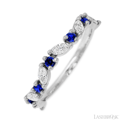 14K White Gold band with alternating 6 Round Sapphire and 5 Marquise Lab Grown Diamond having TCW-.68