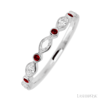 14K White Gold band with alternating 4 Round Dark Ruby and 5 Marquise Lab Grown Diamond having TCW-.56