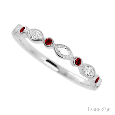 14K White Gold band with alternating 4 Round Dark Ruby and 5 Marquise Lab Grown Diamond having TCW-.56