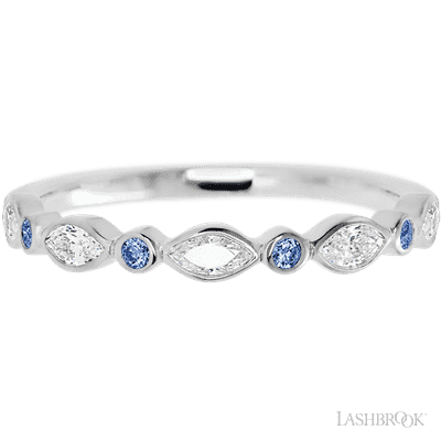 14K White Gold band with alternating 4 Round Denim Sapphire and 5 Marquise Lab Grown Diamond having TCW-.56