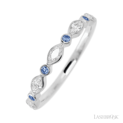 14K White Gold band with alternating 4 Round Denim Sapphire and 5 Marquise Lab Grown Diamond having TCW-.56