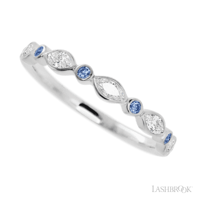 14K White Gold band with alternating 4 Round Denim Sapphire and 5 Marquise Lab Grown Diamond having TCW-.56