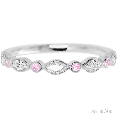 14K White Gold band with alternating 4 Round Light Pink Sapphire and 5 Marquise Lab Grown Diamond having TCW-.56