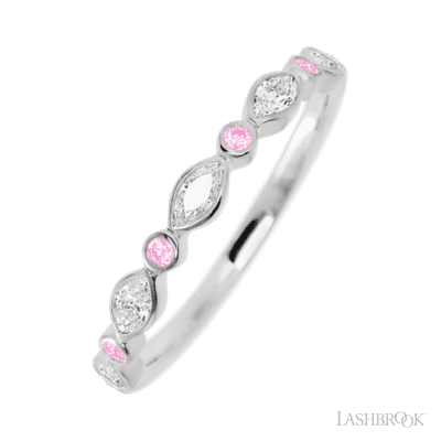 14K White Gold band with alternating 4 Round Light Pink Sapphire and 5 Marquise Lab Grown Diamond having TCW-.56