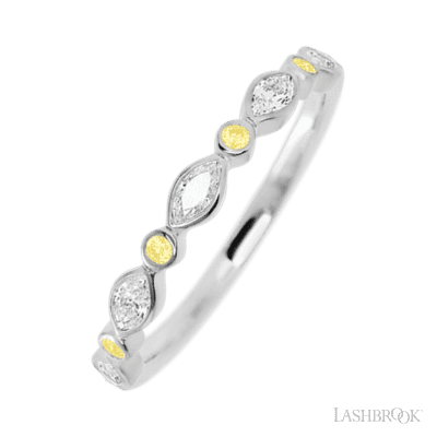 14K White Gold band with alternating 4 Round Light Yellow Sapphire and 5 Marquise Lab Grown Diamond having TCW-.56