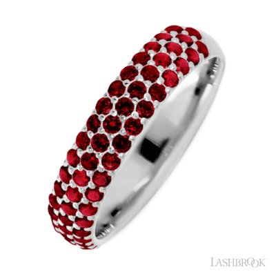 14K White Gold band with 52 Round Dark Ruby having TCW-.78