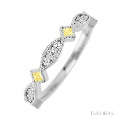 14K White Gold band with alternating 7 Round Lab Grown Diamond, 6 Round Lab Grown Diamond and 4 Princess Light Yellow Sapphire having TCW-.51