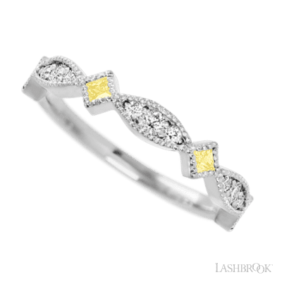 14K White Gold band with alternating 7 Round Lab Grown Diamond, 6 Round Lab Grown Diamond and 4 Princess Light Yellow Sapphire having TCW-.51